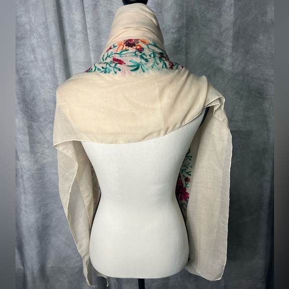 Floral Embroidered Cream Scarf Shawl or Wrap - Picture 7 of 9